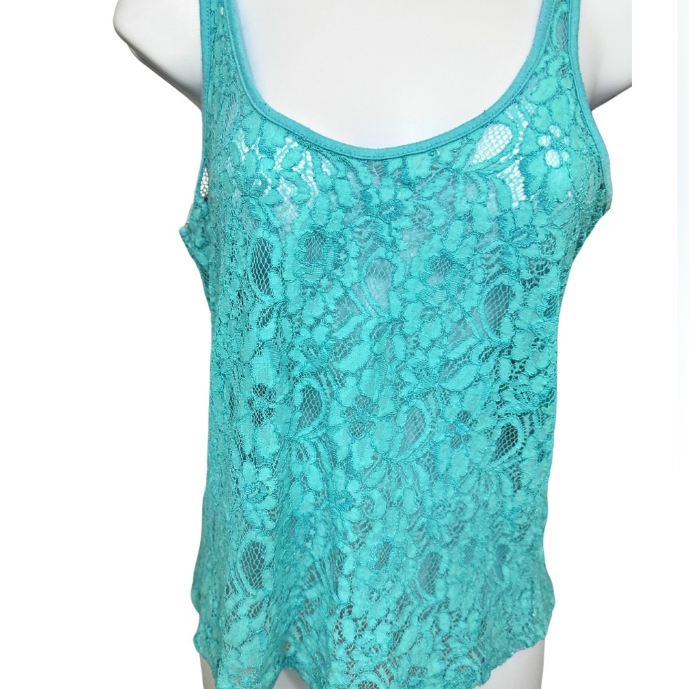 SHEER LACE TANK TOP Aqua Blue Scoop Neck Cropped Sleeveless Women’s Size XS